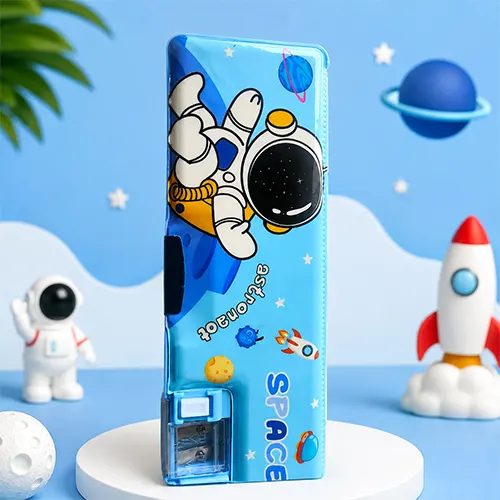 Space Theme Blue Pencil Box for Kids | Multipurpose Stationery Organizer with Compartments