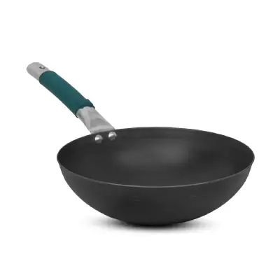 Iron Wok Pan with Silicone Grip, 24.6 cm / 9.7 Inch, 2 Litre, 1 Kg, Pre-Seasoned, Gas Stove Compatible, No Chemical Coating, Black