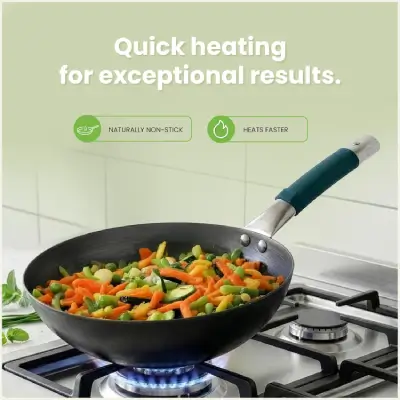 Iron Wok Pan with Silicone Grip, 24.6 cm / 9.7 Inch, 2 Litre, 1 Kg, Pre-Seasoned, Gas Stove Compatible, No Chemical Coating, Black - Image 3